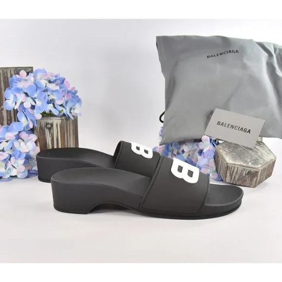 Balenciaga BB Black Rubber Wedge Slide Sandals Size 39 NIB